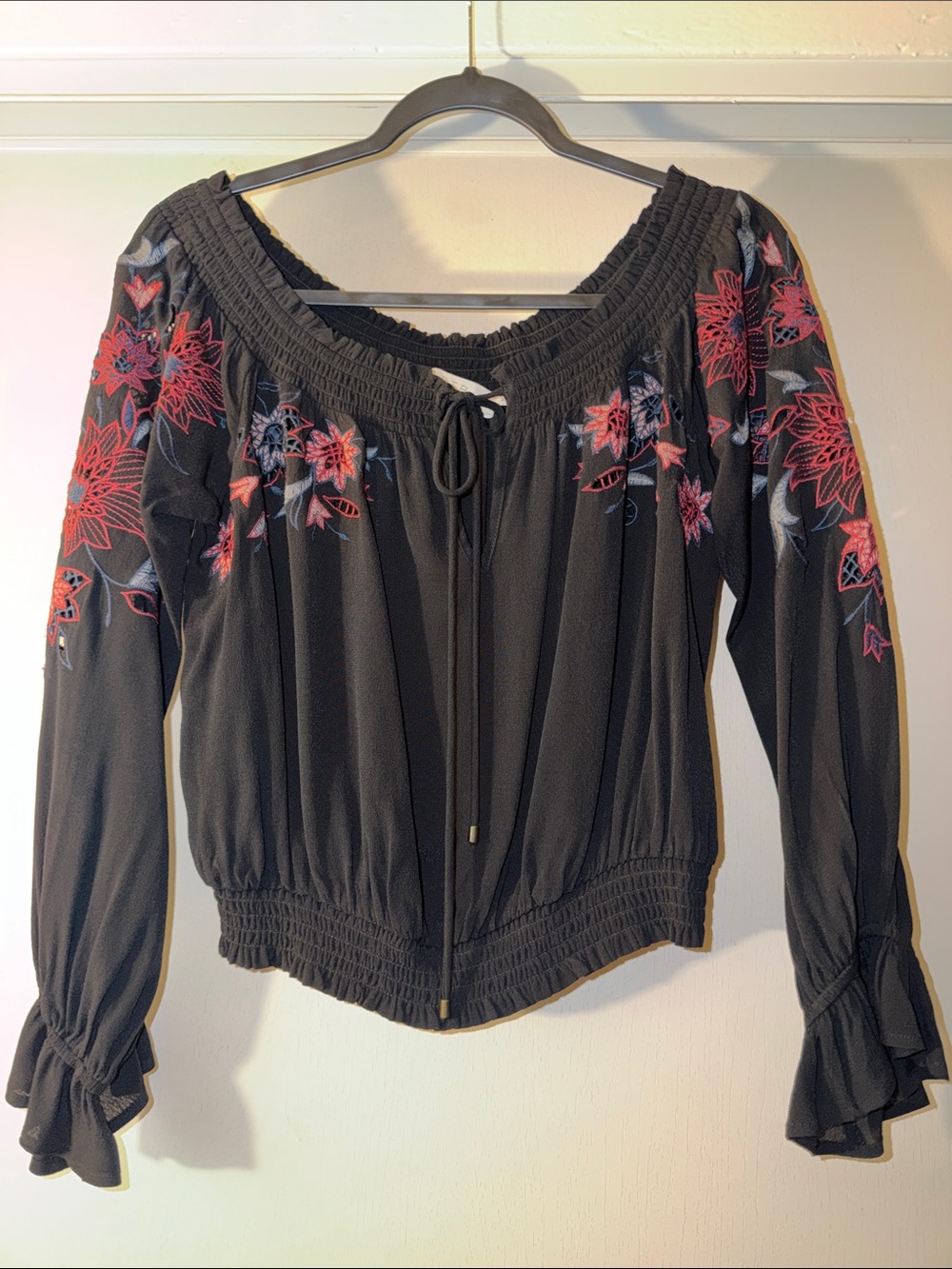 Astr Black Off-Shoulder Peasant Blouse with Red Floral Embroidery